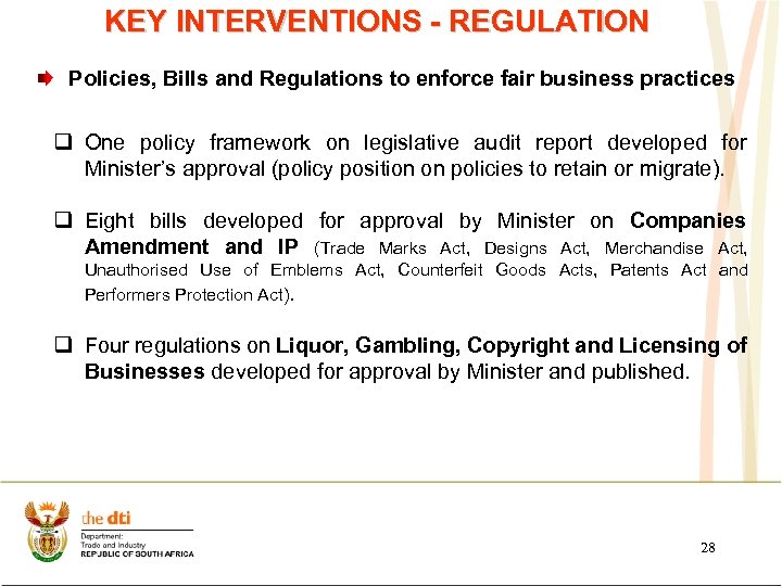 KEY INTERVENTIONS - REGULATION Policies, Bills and Regulations to enforce fair business practices q