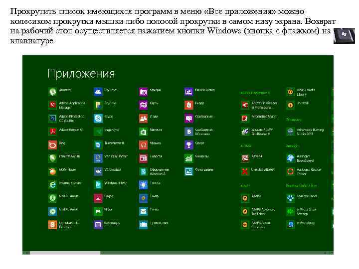 Прокрутить список имеющихся программ в меню «Все приложения» можно колесиком прокрутки мышки либо полосой