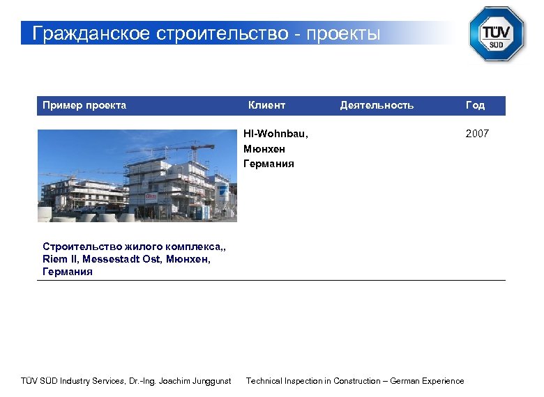 Гражданское строительство - проекты Пример проекта Клиент Деятельность HI-Wohnbau, Мюнхен Германия Строительство жилого комплекса,