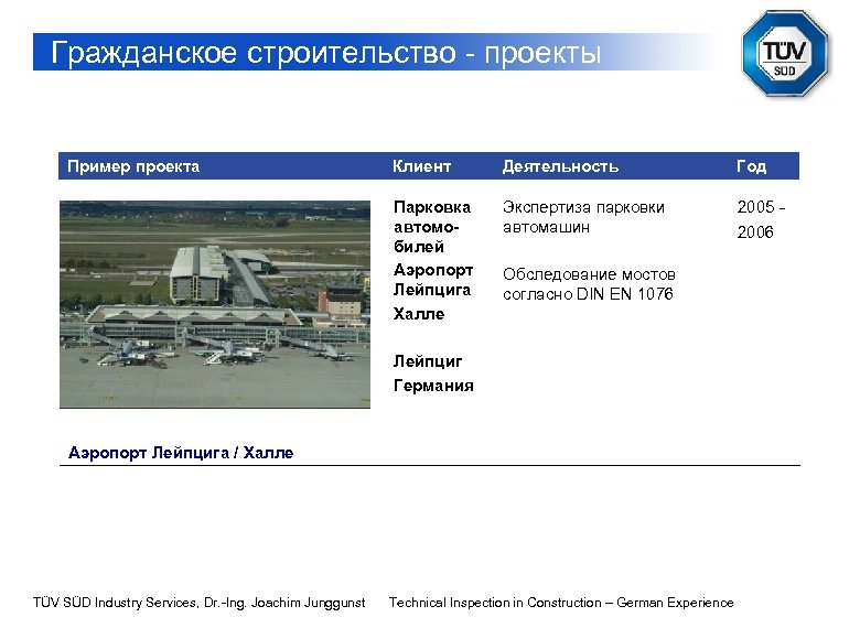 Гражданское строительство - проекты Пример проекта Клиент Деятельность Год Парковка автомобилей Аэропорт Лейпцига Халле