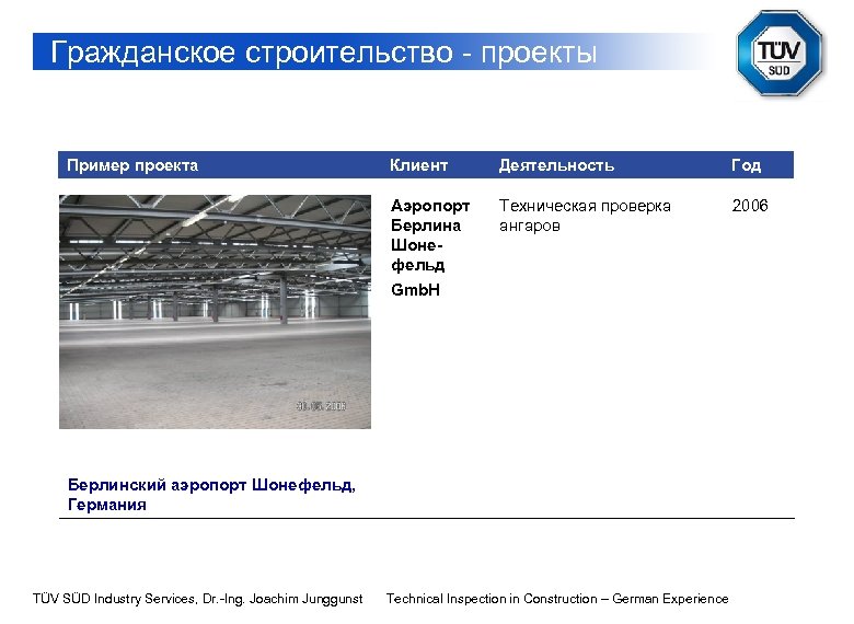 Гражданское строительство - проекты Пример проекта Клиент Деятельность Год Аэропорт Берлина Шонефельд Техническая проверка