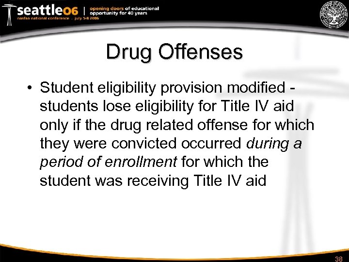 Drug Offenses • Student eligibility provision modified students lose eligibility for Title IV aid