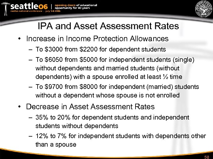 IPA and Asset Assessment Rates • Increase in Income Protection Allowances – To $3000