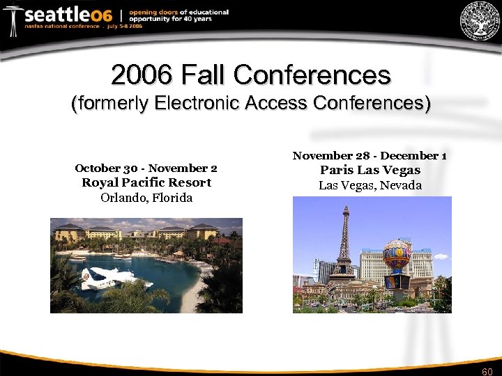  2006 Fall Conferences (formerly Electronic Access Conferences) October 30 - November 2 Royal
