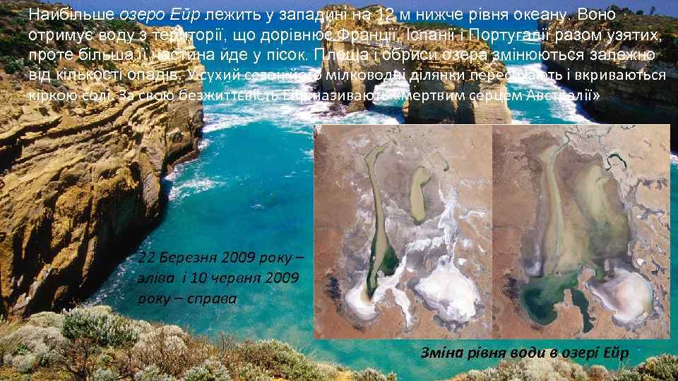 Найбільше озеро Ейр лежить у западині на 12 м нижче рівня океану. Воно отримує