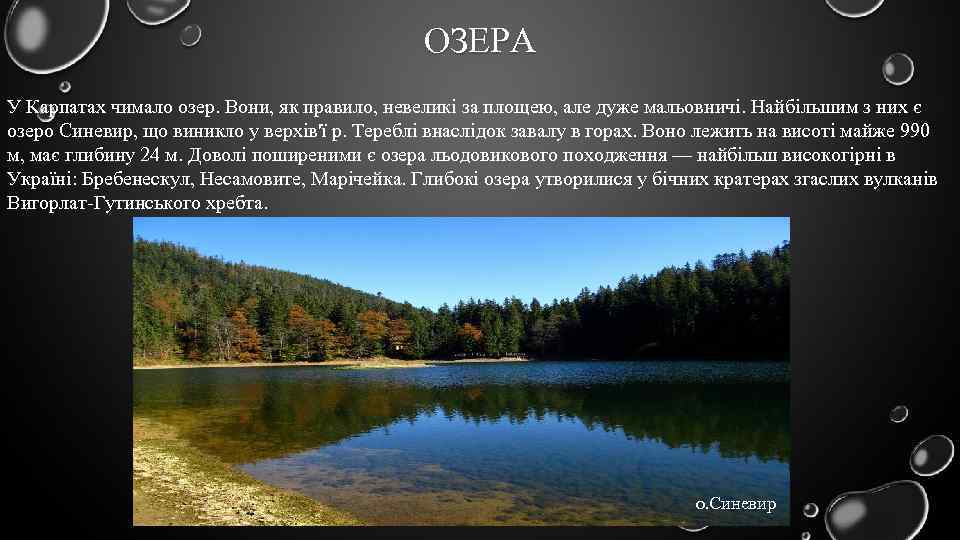 ОЗЕРА У Карпатах чимало озер. Вони, як правило, невеликі за площею, але дуже мальовничі.