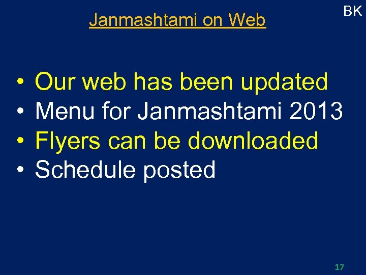 Janmashtami on Web • • BK Our web has been updated Menu for Janmashtami