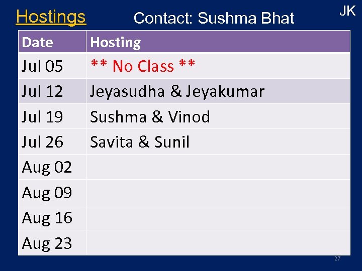 Hostings Date Jul 05 Jul 12 Jul 19 Jul 26 Aug 02 Aug 09