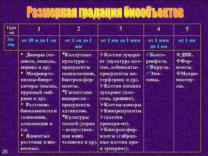 Груп -па 1 2 3 4 5 Размер от 10 м до 1 см