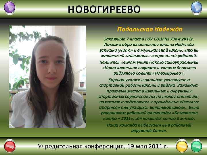 НОВОГИРЕЕВО Подольская Надежда Закончила 7 класс в ГОУ СОШ № 796 в 2011 г.