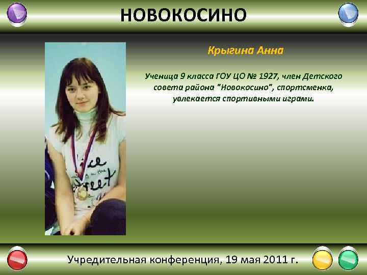 НОВОКОСИНО Крыгина Анна Ученица 9 класса ГОУ ЦО № 1927, член Детского совета района