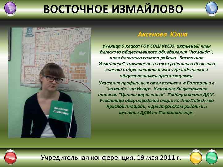 ВОСТОЧНОЕ ИЗМАЙЛОВО Аксенова Юлия Ученица 9 класса ГОУ СОШ № 695, активный член детского