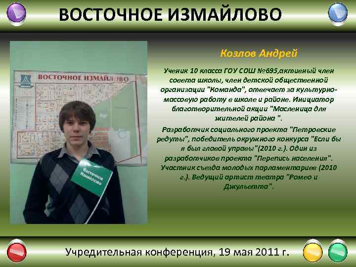 ВОСТОЧНОЕ ИЗМАЙЛОВО Козлов Андрей Ученик 10 класса ГОУ СОШ № 695, активный член совета