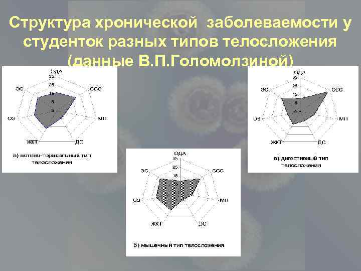 Структура хронической заболеваемости у студенток разных типов телосложения (данные В. П. Голомолзиной) 