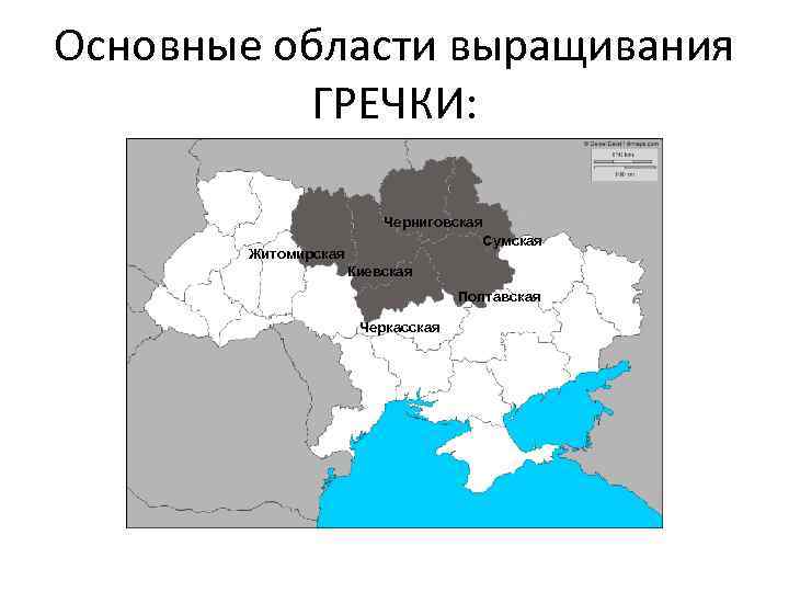 Основные области выращивания ГРЕЧКИ: Черниговская Сумская Житомирская Киевская Полтавская Черкасская 