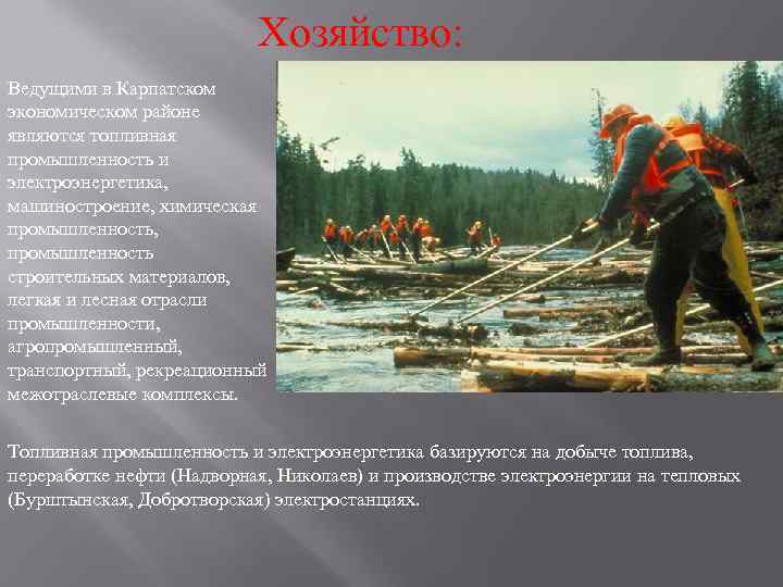 Хозяйство: Ведущими в Карпатском экономическом районе являются топливная промышленность и электроэнергетика, машиностроение, химическая промышленность,