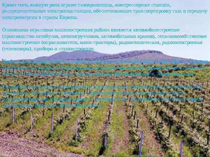 Кроме того, важную роль играют газохранилища, компрессорные станции, распределительные электроподстанции, обеспечивающие транспортировку газа и