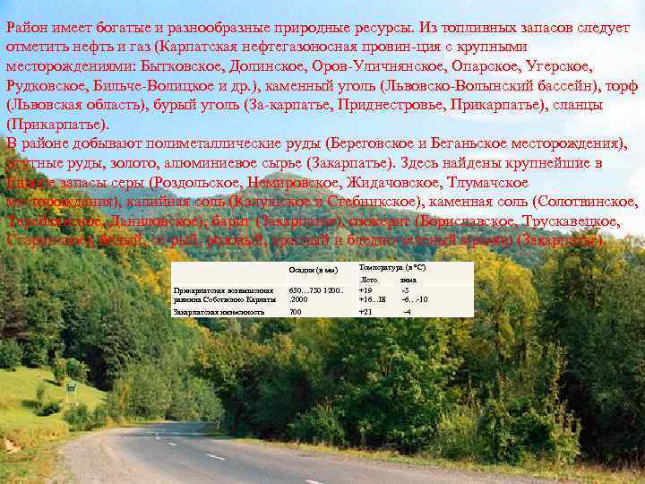 Район имеет богатые и разнообразные природные ресурсы. Из топливных запасов следует отметить нефть и