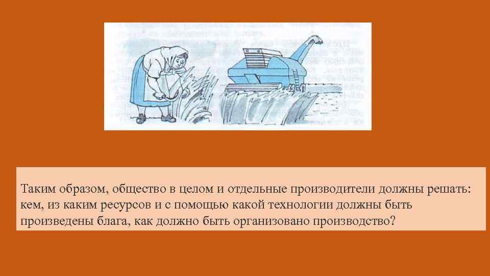 Таким образом, общество в целом и отдельные производители должны решать: кем, из каким ресурсов