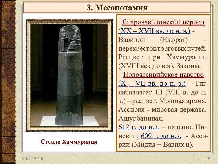3. Месопотамия Стелла Хаммураппи 08. 02. 2018 Старовавилонский период (XX – XVII вв. до
