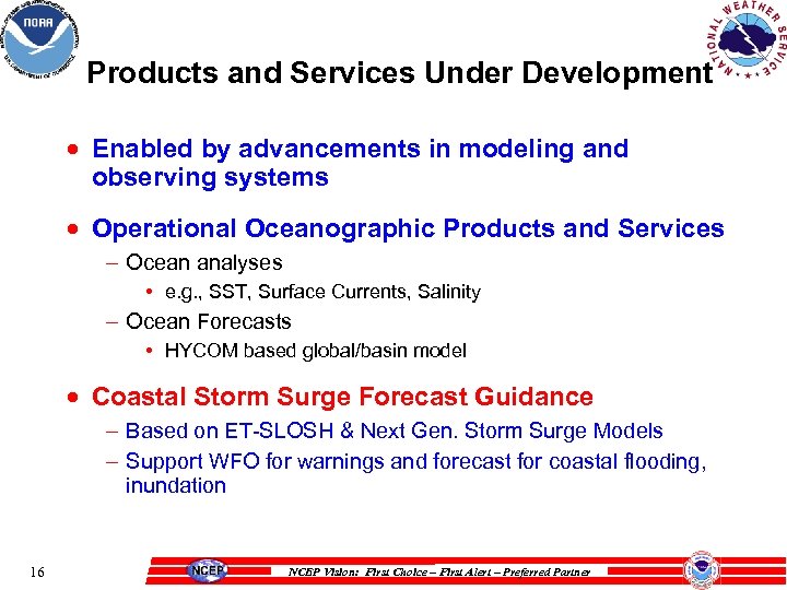 Products and Services Under Development · Enabled by advancements in modeling and observing systems