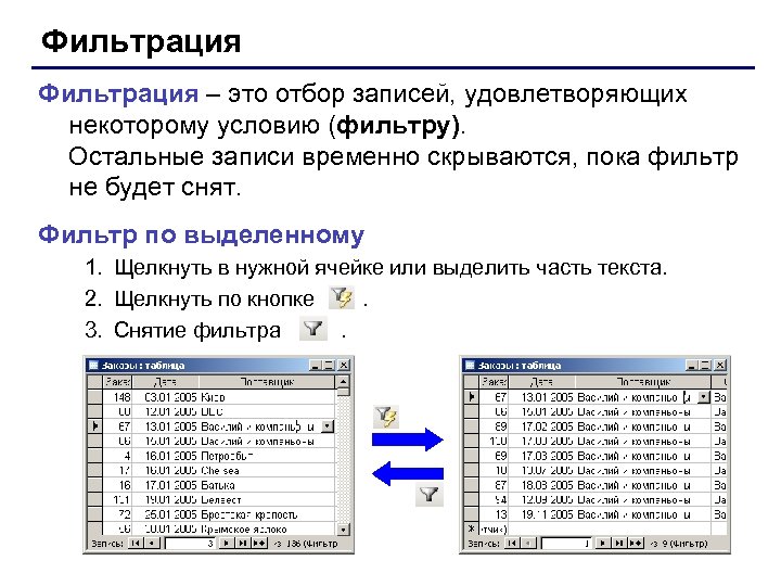 Фильтрация – это отбор записей, удовлетворяющих некоторому условию (фильтру). Остальные записи временно скрываются, пока