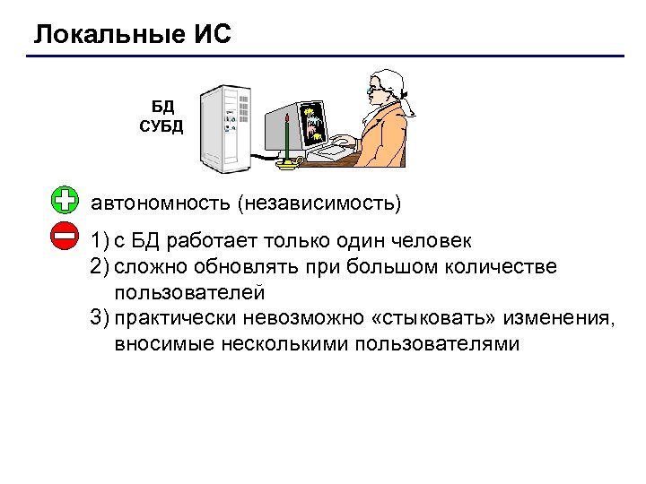 Локальные ИС БД СУБД автономность (независимость) 1) с БД работает только один человек 2)