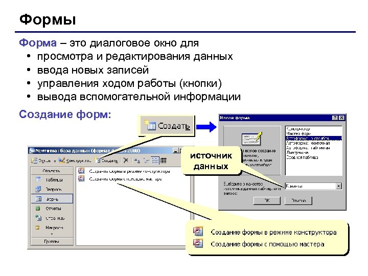 Формы Форма – это диалоговое окно для • просмотра и редактирования данных • ввода