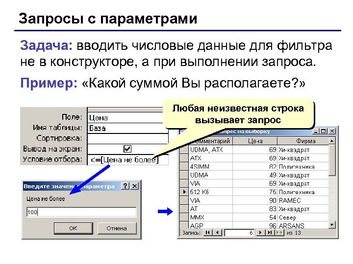 Запросы с параметрами Задача: вводить числовые данные для фильтра не в конструкторе, а при