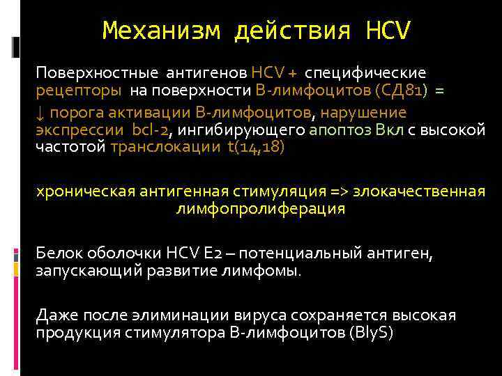 Механизм действия HCV Поверхностные антигенов HCV + специфические рецепторы на поверхности В лимфоцитов (СД