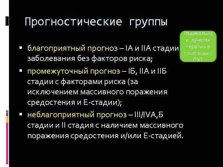Прогностические группы Радикальна я лучевая терапия в сочетании с ПХТ благоприятный прогноз – IА