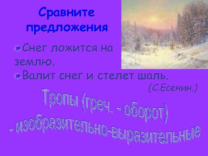 Сравните предложения Снег ложится на землю. Валит снег и стелет шаль. (С. Есенин. )