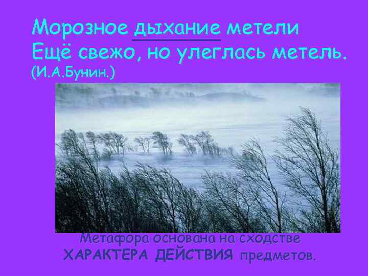 Морозное дыхание метели Ещё свежо, но улеглась метель. (И. А. Бунин. ) Метафора основана