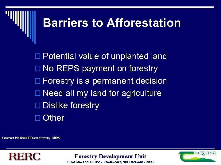 Barriers to Afforestation o Potential value of unplanted land o No REPS payment on