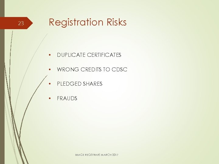 23 Registration Risks • DUPLICATE CERTIFICATES • WRONG CREDITS TO CDSC • PLEDGED SHARES