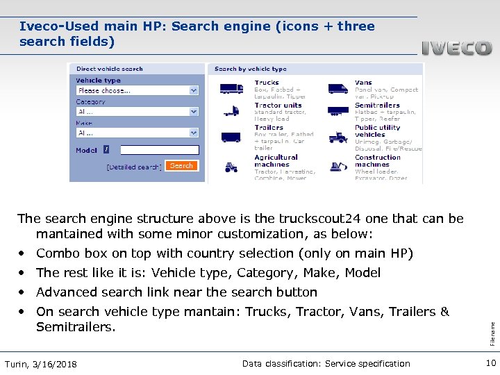 Iveco-Used main HP: Search engine (icons + three search fields) The search engine structure