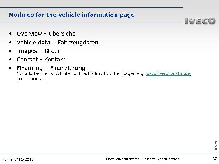 Modules for the vehicle information page • Overview - Übersicht • Vehicle data –