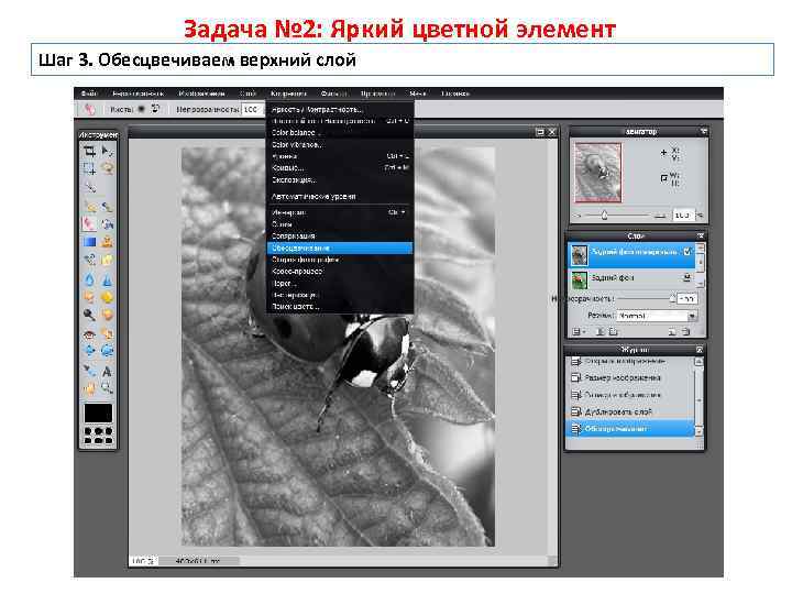Задача № 2: Яркий цветной элемент Шаг 3. Обесцвечиваем верхний слой 