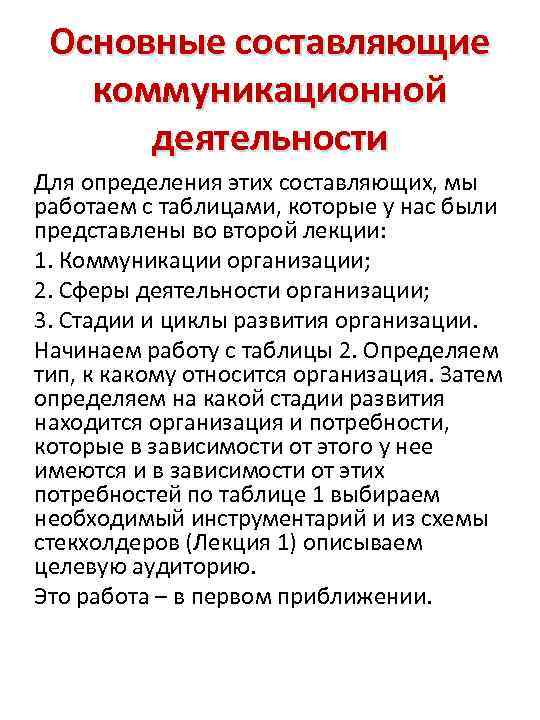 Основные составляющие коммуникационной деятельности Для определения этих составляющих, мы работаем с таблицами, которые у