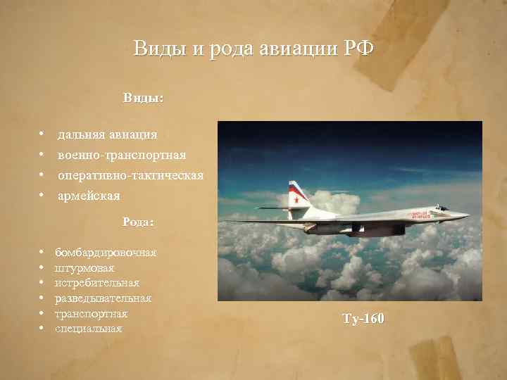 Виды и рода авиации РФ Виды: • • дальняя авиация военно-транспортная оперативно-тактическая армейская Рода: