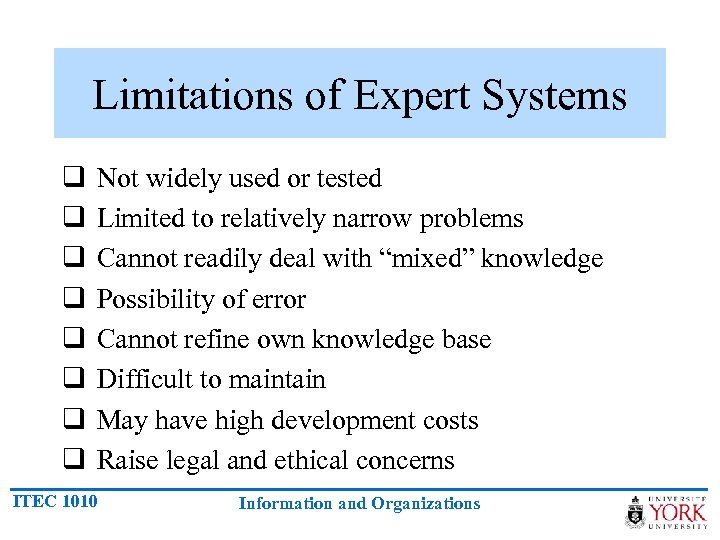 Limitations of Expert Systems q q q q Not widely used or tested Limited