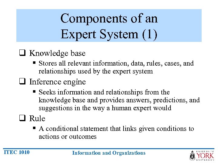 Components of an Expert System (1) q Knowledge base § Stores all relevant information,