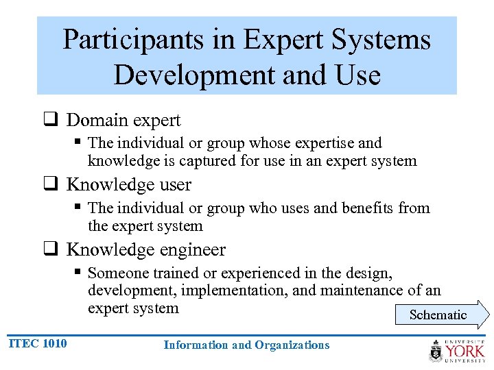 Participants in Expert Systems Development and Use q Domain expert § The individual or