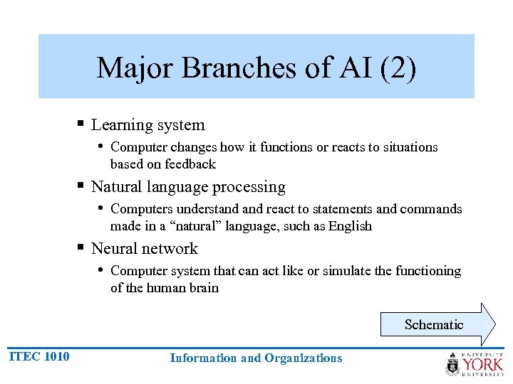 Major Branches of AI (2) § Learning system • Computer changes how it functions