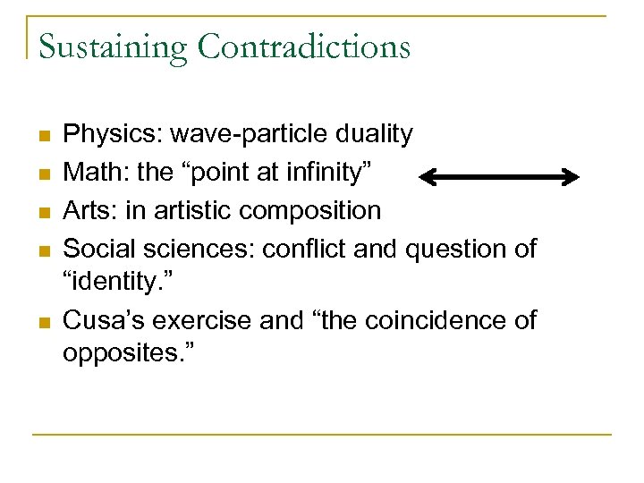 Sustaining Contradictions n n n Physics: wave-particle duality Math: the “point at infinity” Arts: