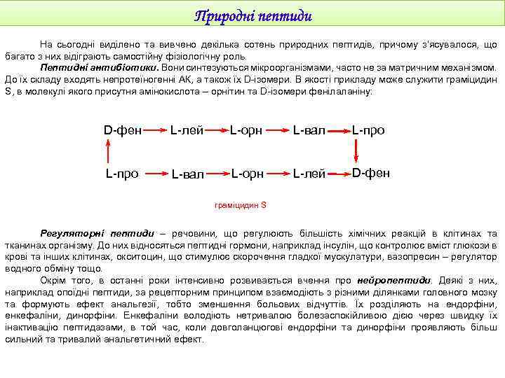 На сьогодні виділено та вивчено декілька сотень природних пептидів, причому з’ясувалося, що багато з