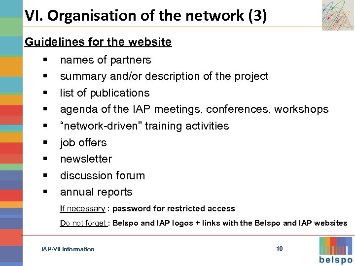 VI. Organisation of the network (3) Guidelines for the website § names of partners
