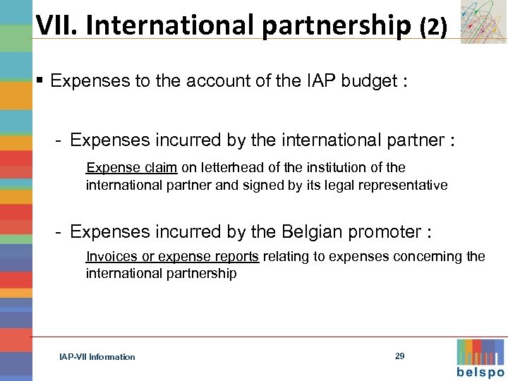 VII. International partnership (2) § Expenses to the account of the IAP budget :