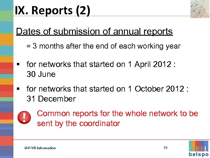 IX. Reports (2) Dates of submission of annual reports = 3 months after the