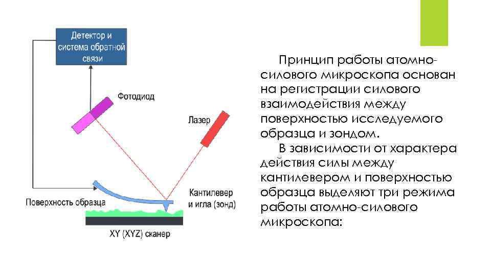 Принцип работы атомносилового микроскопа основан на регистрации силового взаимодействия между поверхностью исследуемого образца и